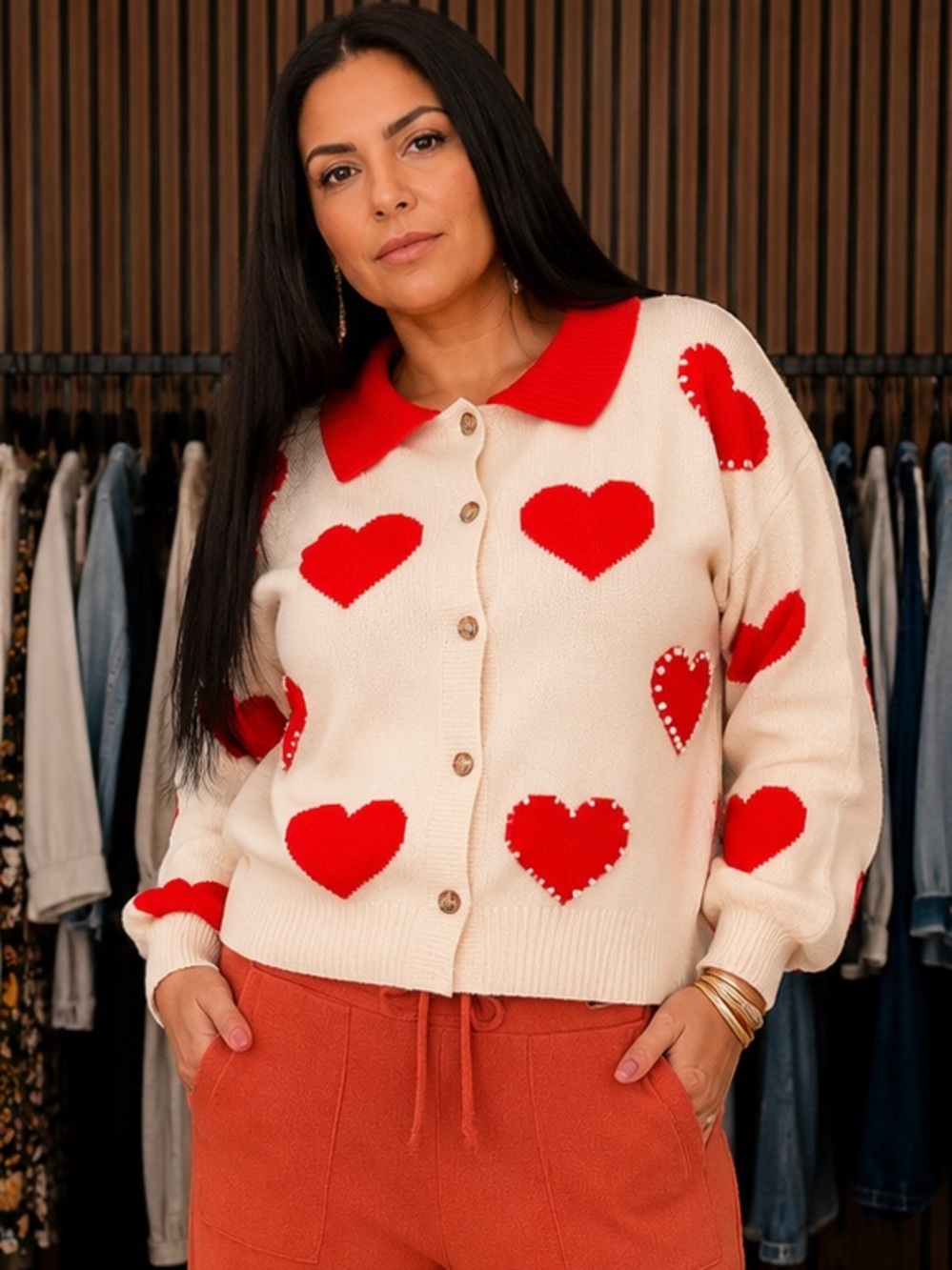 POL Orange And White  Heart Cardigan Sweater With Pearls Size Small NWOT
